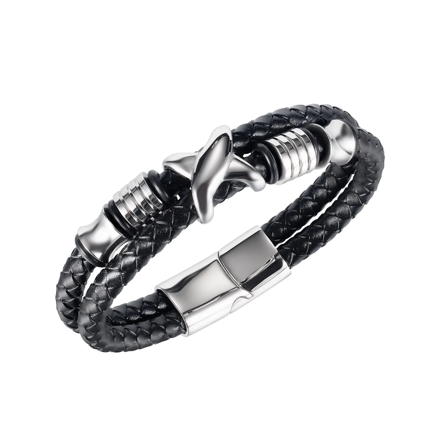

Black Unisex Stainless Steel Silver Leather Cuff Bangle