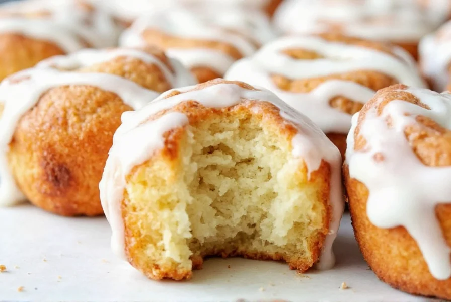 Perfectly golden cinnamon roll bites arranged in baking dish with melted butter drizzling over them