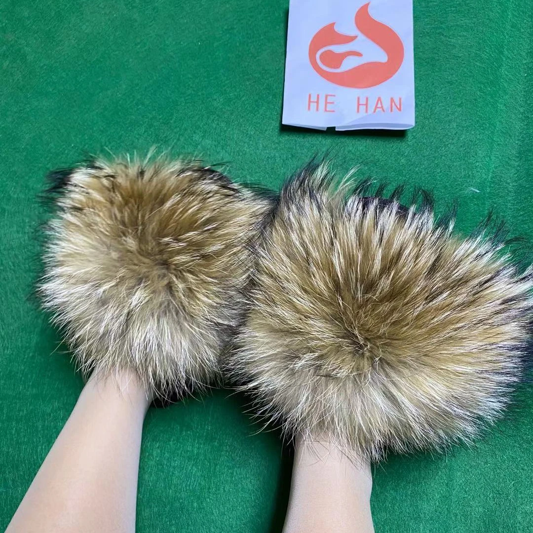 

Super large real raccoon fur slippers luxury high quality slippers wholesale