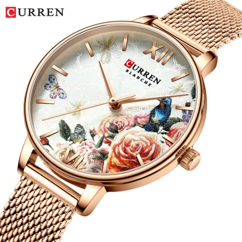 

CURREN 9060 Women Watch Top Brand Luxury Black Female Waterproof Clock Mesh Stainless Steel Bracelet Flower Ladies Wristwatch