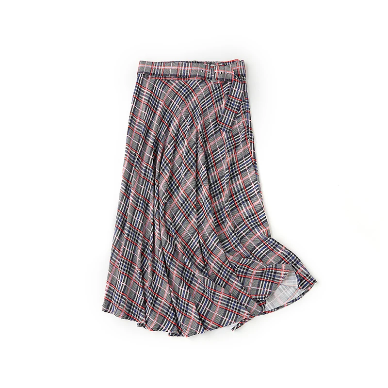 

The latest designed plaid print half-length skirt comfortable and breathable ladies long skirt, Gray+red