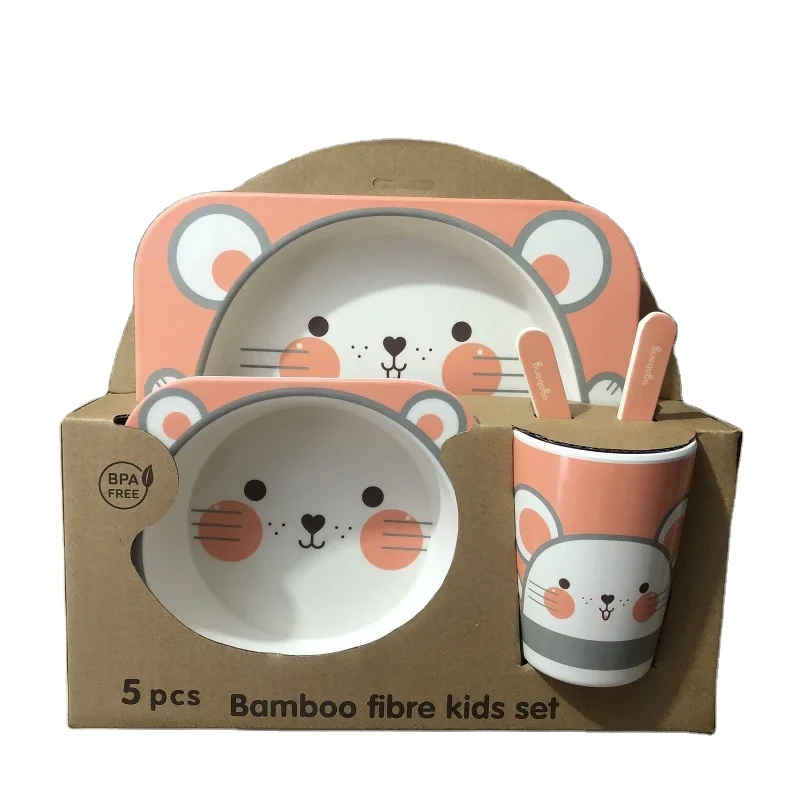 

Baby Bamboo Feeding Food Tableware Set Cartoon Aniaml Kid Dishes Bamboo Feeding Bowl Dinner tableware, As picture