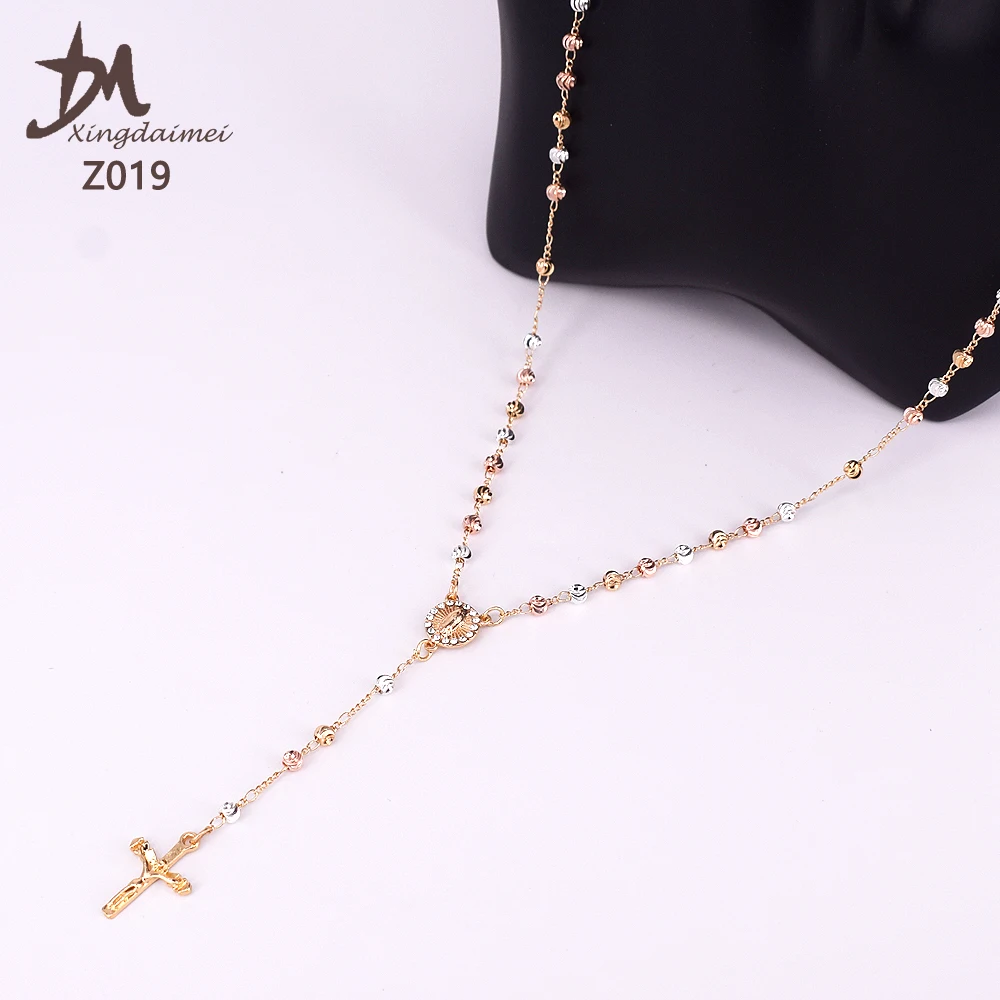 

Z019 gold rosary necklace wholesale three colors Zircon religious jewelry rosary beaded necklace, 3 color