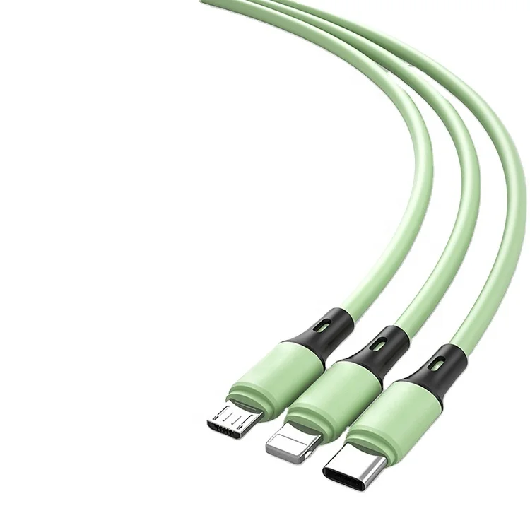 

New product 4FT 3 in1 Multi USB Fast Charger Cord 3A Liquid Silicone Charging Cable for iphone and Huawei, Chinese red, matcha green, cream yellow, pink sand color.