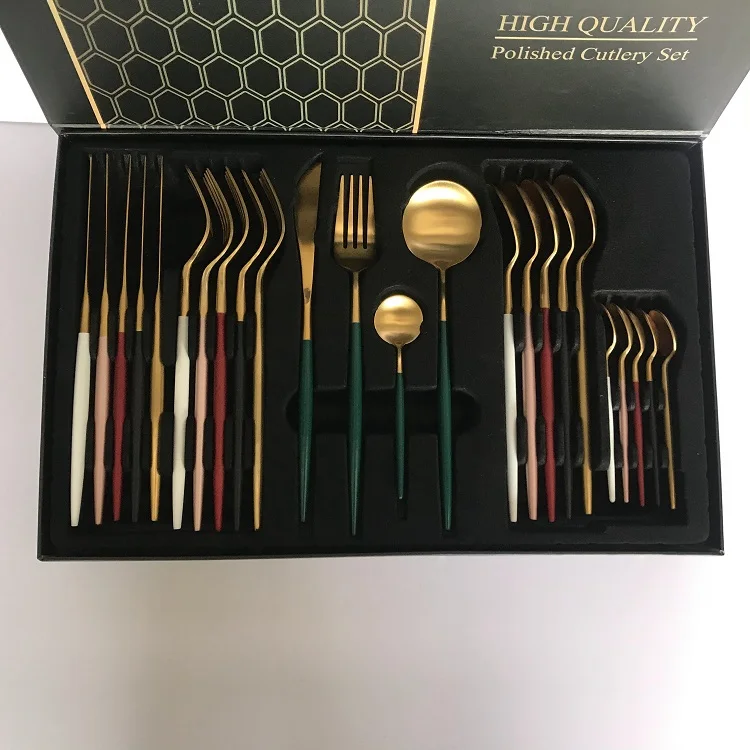 

High quality Stainless steel 304 gold flatware matte gold spoon fork knife 24pcs cutlery set, Gold and handle green
