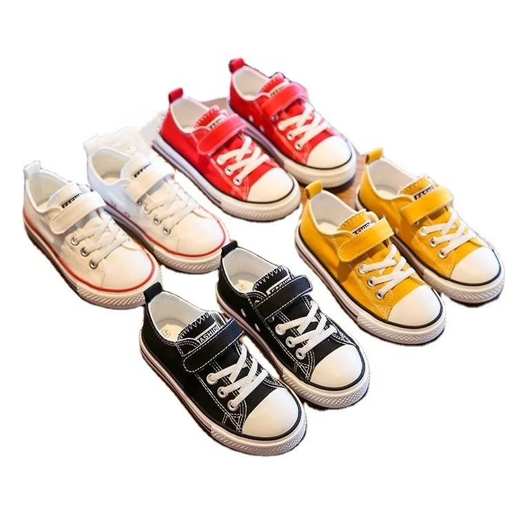 

Trending 2022 summer solid color children sneakers lace up casual girls boys sport style canvas shoes for kids, White/black/yellow/red