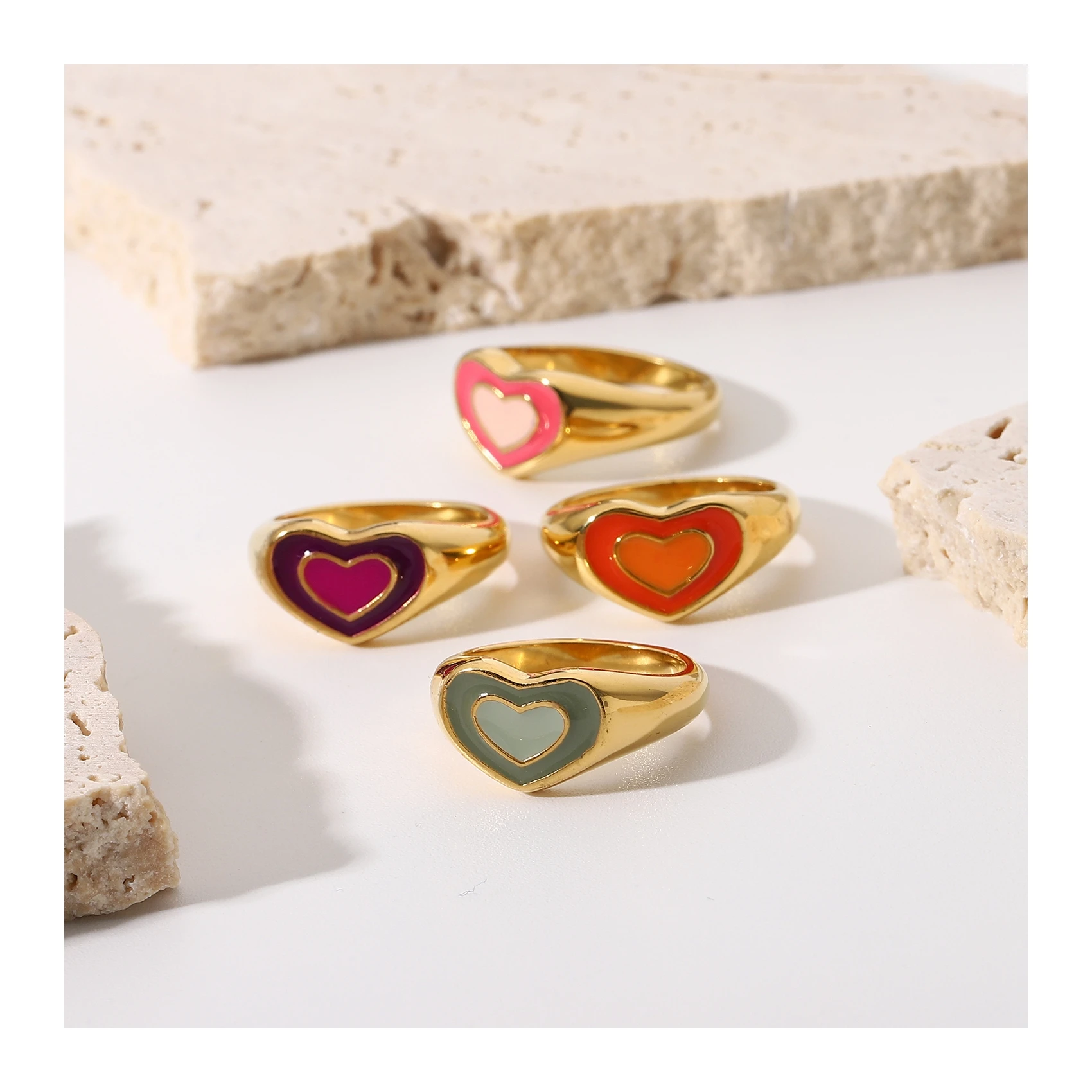 

Retro Pop Waterproof Jewelry Colourful Metal Love Titanium Steel Peach Heart Ring For Women Men, As the pics