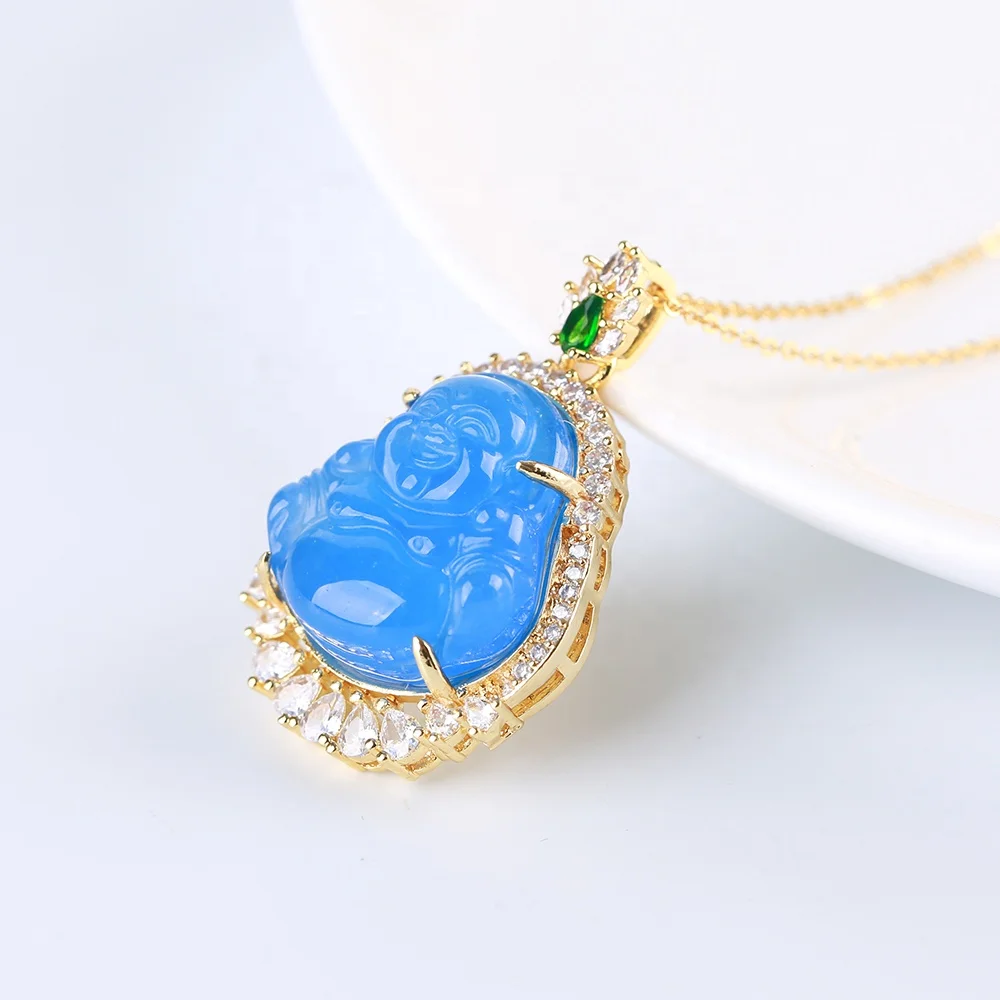 

Buddha Necklace Factory Wholesale Stainless Steel Jewelry Agate Carved Gold-plated buddha pendant necklace, Blue