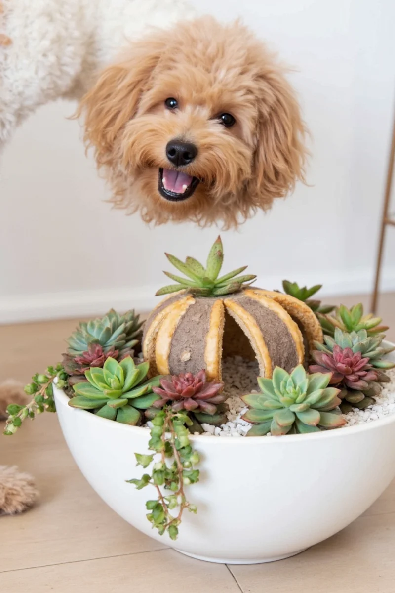 A designated corner with chew toys, scratch posts, and durable plants like agave and yucca.