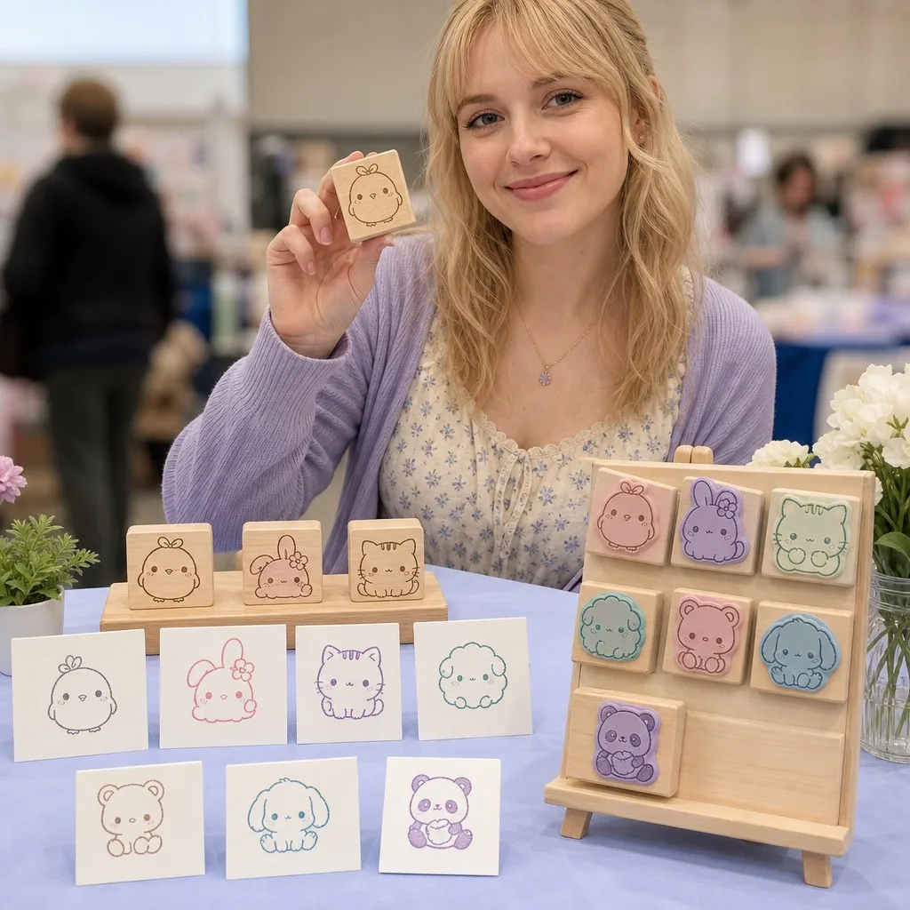 Young woman at anime convention display table showing kawaii character wooden stamp collection