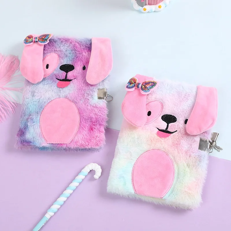 

2023 New creative girls cute fluffy diary plush dog notebook with lock