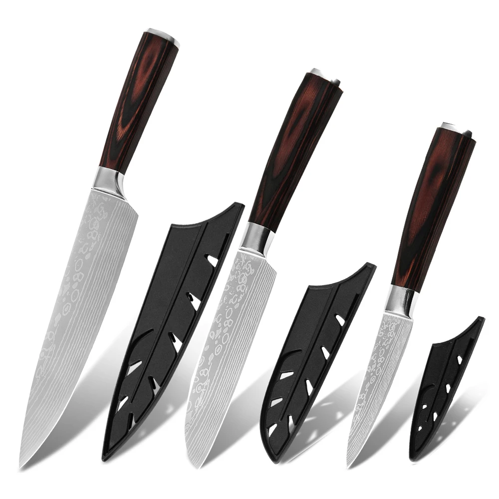 

Free Shipping Japanese 3pcs chef santoku paring fruit knife set laser stainless steel kitchen knives with sheath covers