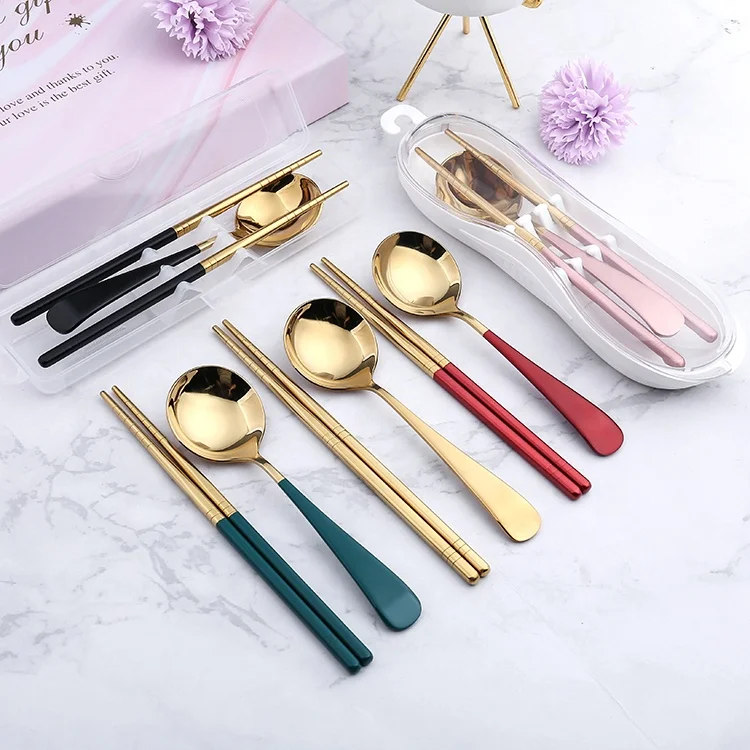 

Best Selling Traveling Portable Spoon and Chopstick 304 Stainless Steel Travel Cutlery Set, 8 colors, as shown