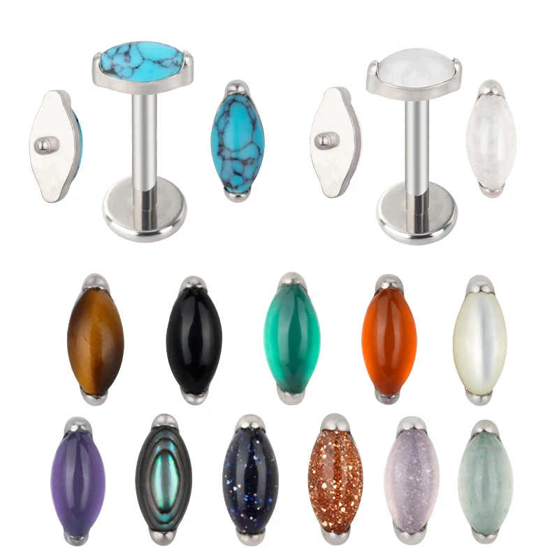 

GZN ASTM F136 Titanium Internally Threaded Bezel Set Turquoise Semi Precious Stone Labret Lip Stud Body Piercing Jewelry