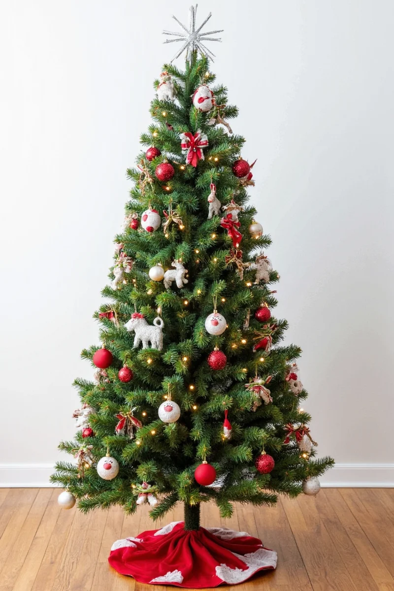 A stylish leopard-print tree skirt placed under a full Christmas tree with red and gold decorations.