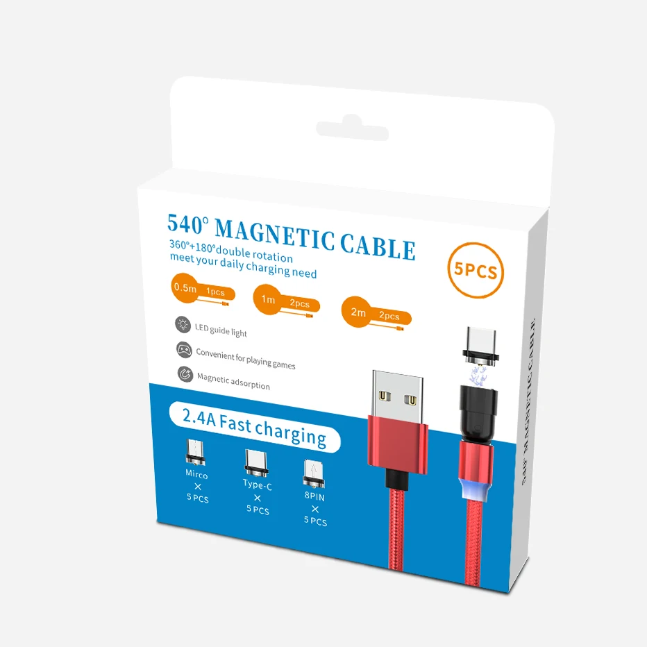 

Drop shipping 1M 2M 3 in 1 540 Degree Magnetic cable Free shipping 5psc Magnetic charging cable Usb Type C mirco data cable, Red/grey