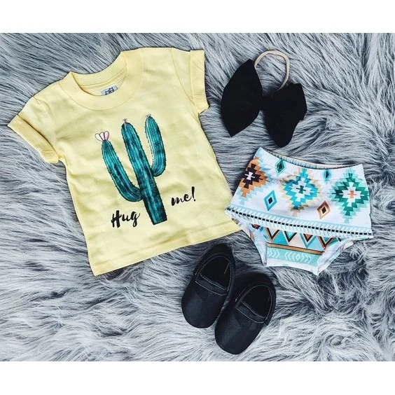 Baby clothing fashion short sleeve cactus print top ruffle shorts bloomer bummie design girls boutique kids outfits clothes sets