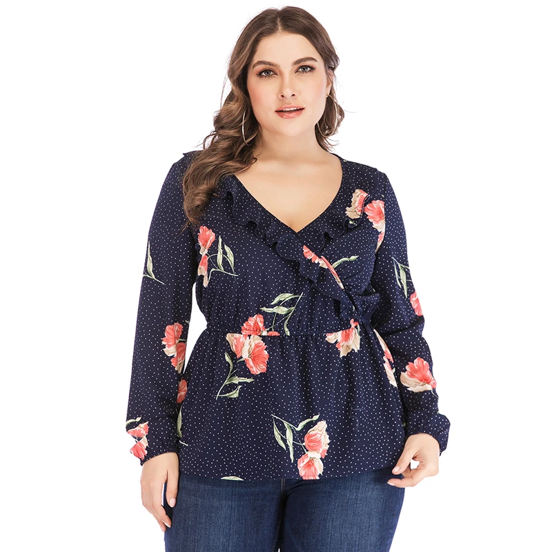 Fashion Women Blouses Elegant Tops Ruffles Collar Dot Floral Printed Long Sleeve Plus Size Shirts Women Tops