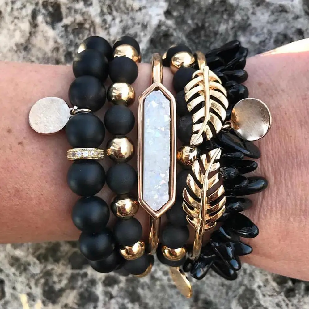 

Aromatherapy Jewelry,Boho Gemstone Druzy Natural Stone Crystal Quartz Geode Coal Sphinx Stacking Beaded Bracelet Set