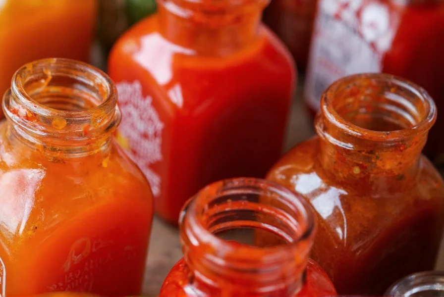 Close-up view of various chili sauce bottles showing different colors and consistencies from red sriracha to dark gochujang