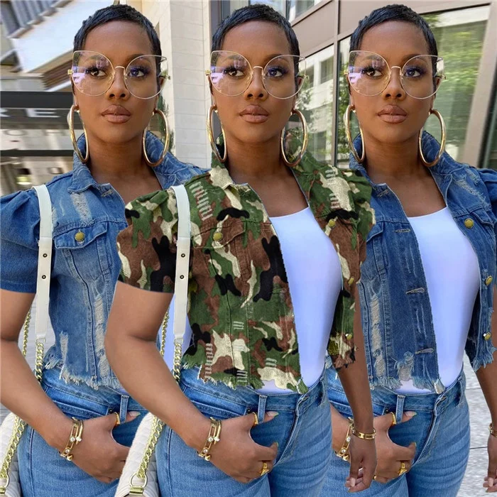 

Custom 2021 new arrivals plus size short sleeve denim jacket camouflage jean jacket