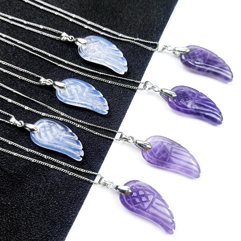 

Natural Crystal Amethyst Opal Stone Angel Wings Pendant Necklaces