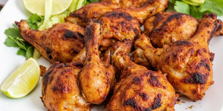 Grilled tandoori chicken skewers served with mint sauce and naan bread