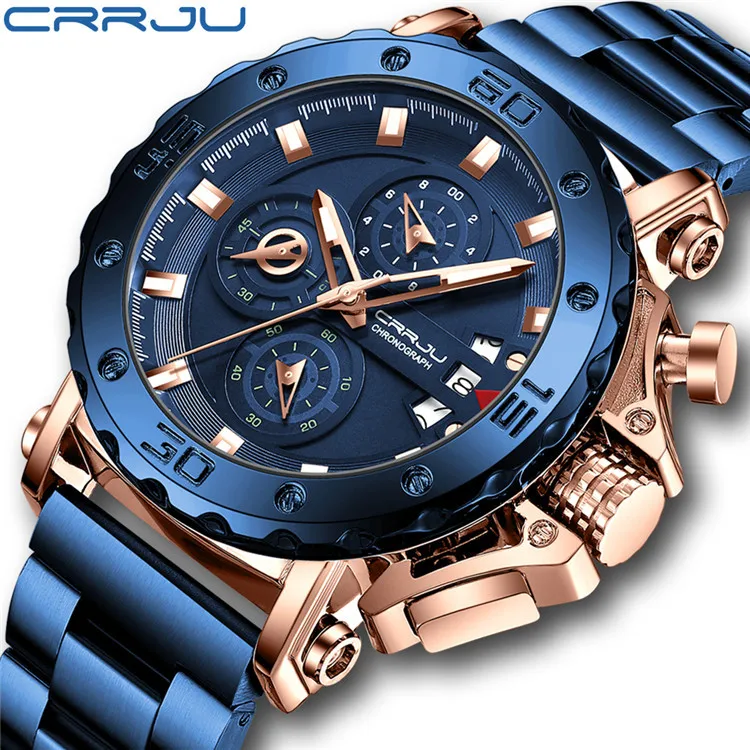 

Hot sales Crrju 2294 TOP Brand Big Dial Sport Men Watches Stylish Stainless Steel Band 6 Hands Chronograph Luminous Wristwatch