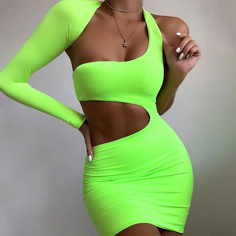 

Wholesale hot sale celebrities style women bodycon one shoulder long sleeve cut out backless dew waist package buttocks dress, Photo shows