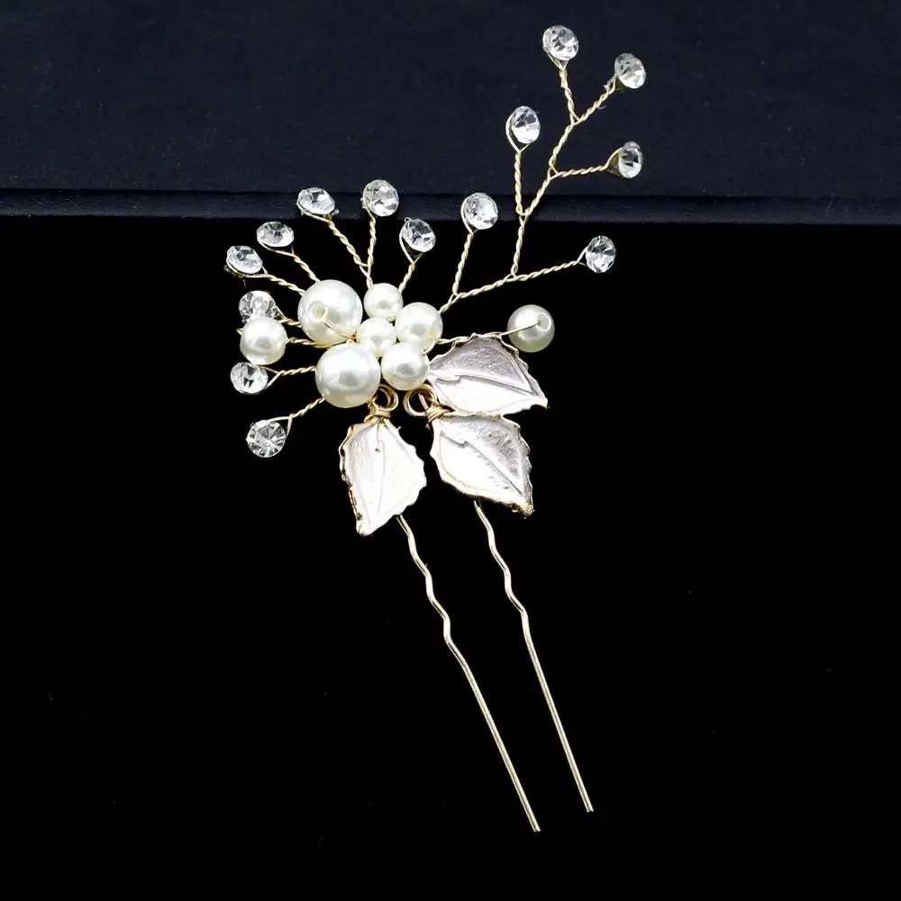 
Handmade Pearl Rhinestone Hair Pins White Leaf Metal Hair Fork Buns Elegant Bridal Tiara 
