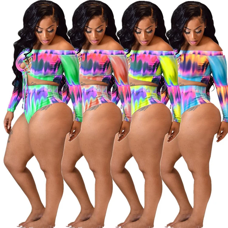 

Gradient Color Long Sleeve Strappy Bikini Swimwear Sexy Plus Size 2 Two Piece Swimsuits, Blue / green / pink / yellow