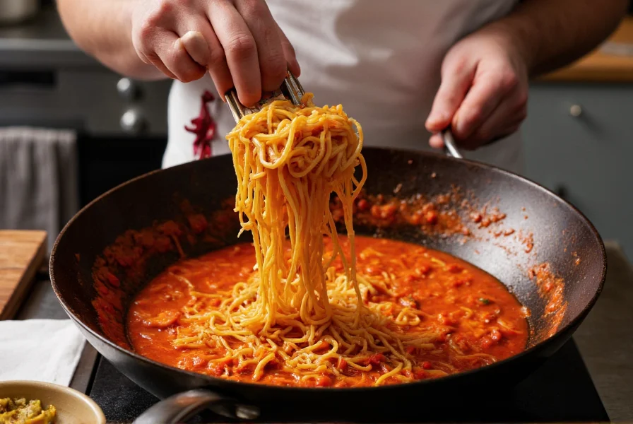 Chef preparing authentic chili with noodles in wok showing vibrant red sauce coating fresh noodles