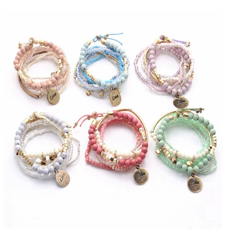 

Retro Bohemian Bracelet Round LOVE Charms Multi Layers Multi-layer Hand-made Beads Bohemian Style Bracelet, Multi colors