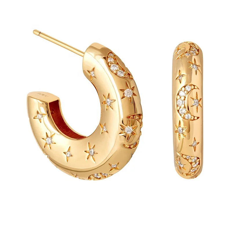 

Milskye Wholesale 925 sterling silver moon stars diamond chunky celestial body huggie stud earring