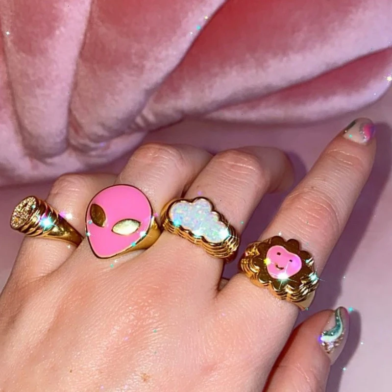 

INS Trendy Vintage Geometric Color Enamel Heart Shape Smiley Face Ring, Gold