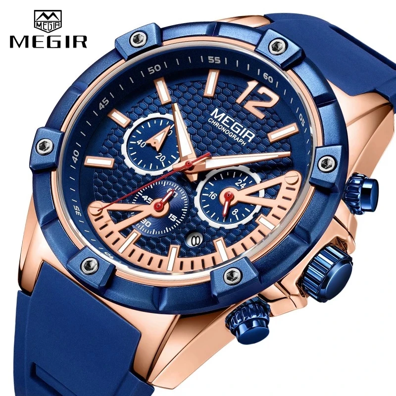 

MEGIR 2083 Men's Watch Casual Chronograph Quartz Wristwatches Simple Waterproof Silicone Watches Men Wrist Relogio Masculino, 4-colors