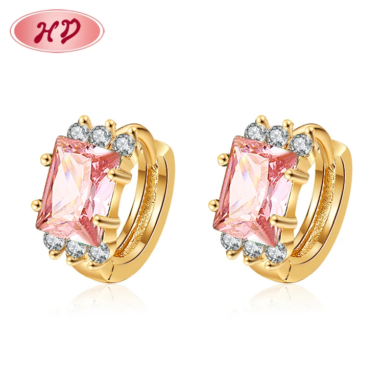 Fashion Woman Jewelry  Large Pink square Aaa Zirconia 18K Gold Earrings Women Cuff Earrings