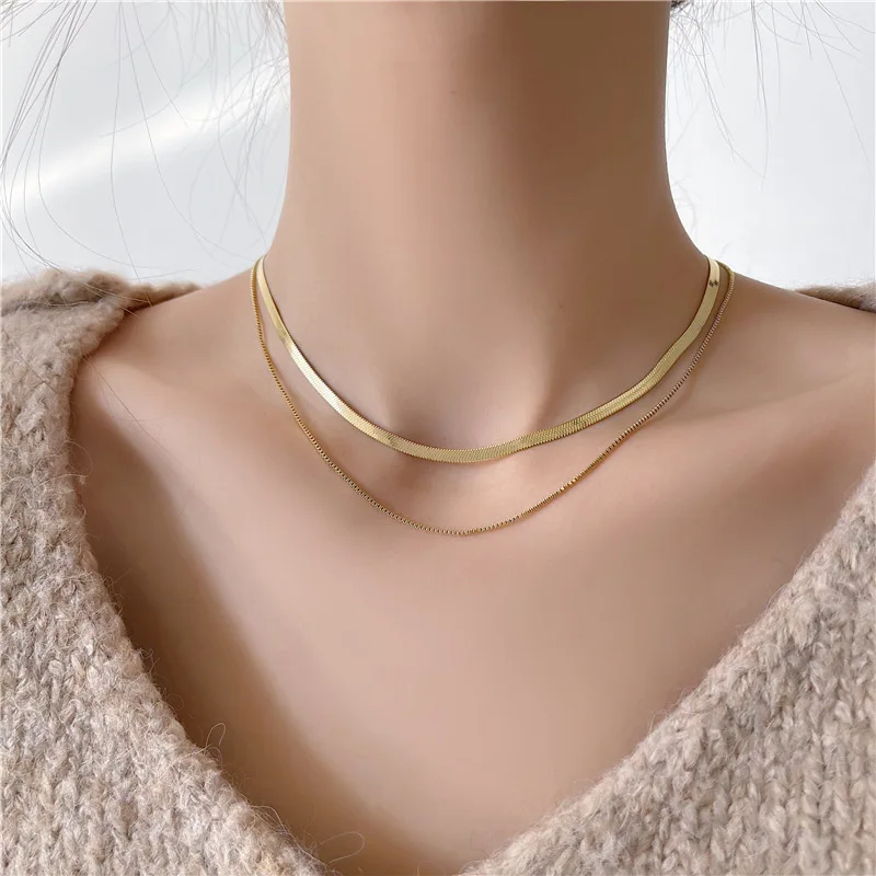 

Wholesale women's 18K stainless steel gold-plated flat snake chain necklace