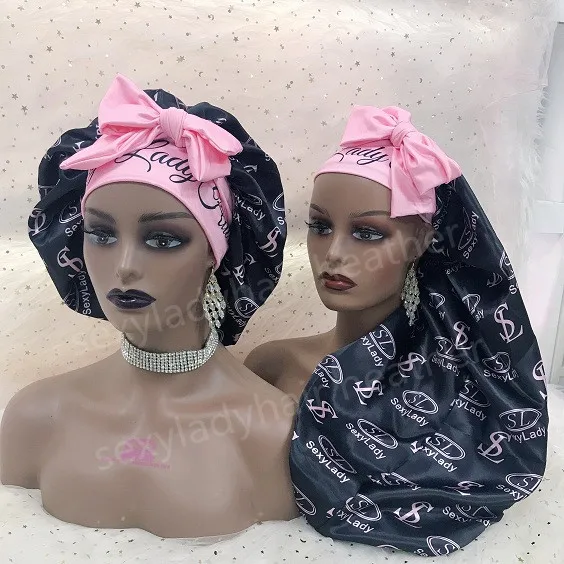 

Custom Logo sample bonnets and satin hair wraps hair silk satin Bonnet with wrap designer bonnets women