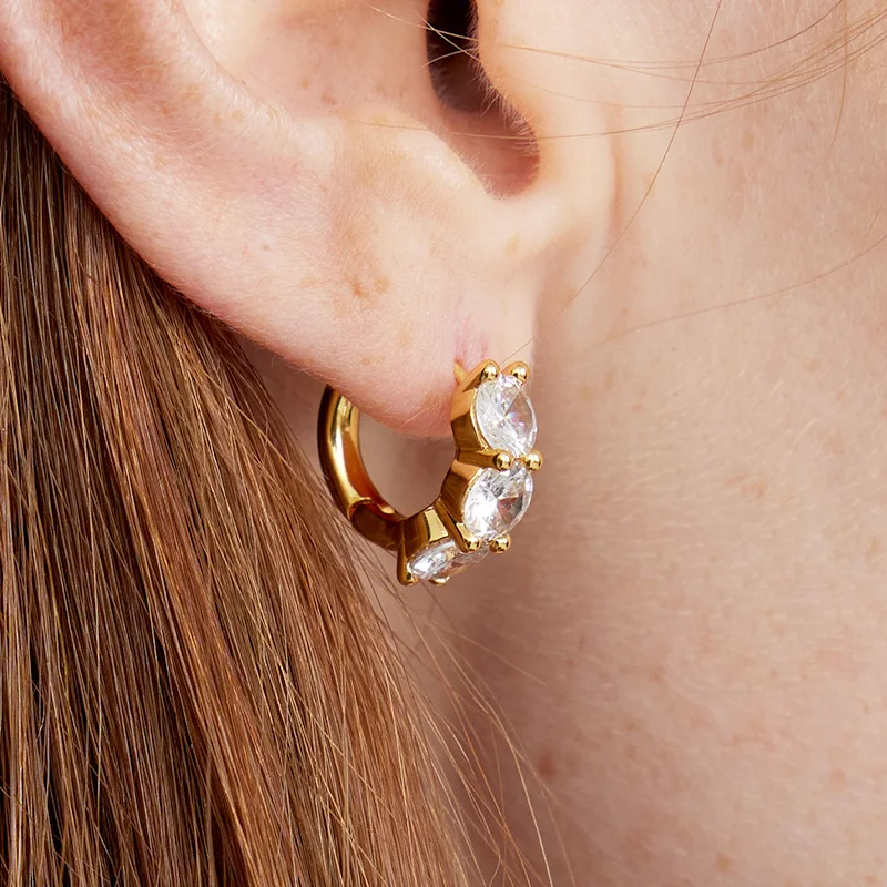 

18K Gold Plated Shiny Triple Cubic Zircon Huggie Earrings Small Hoop Earrings for Women Minimalist Dainty Daily Jewelry 2022 Hot, Gold/silver