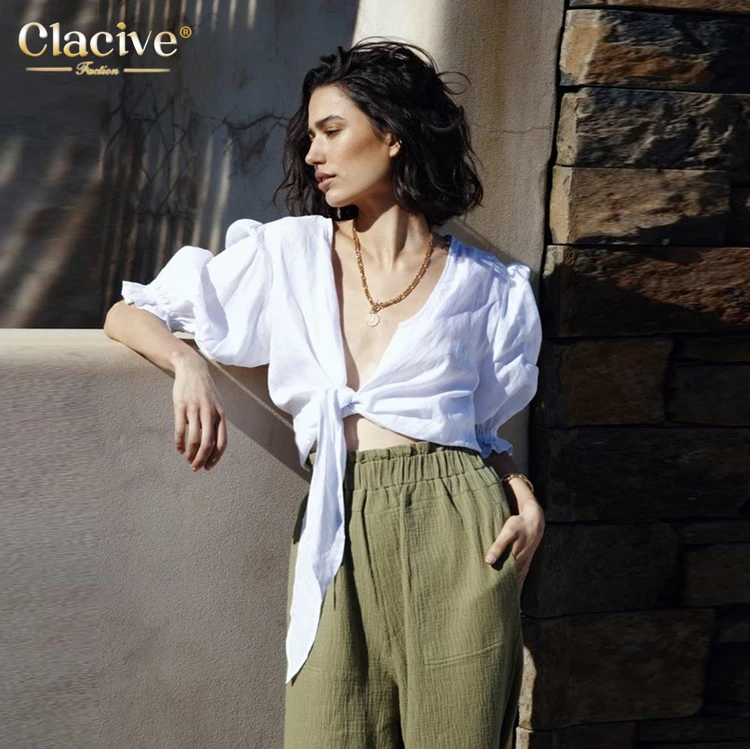 

Clacive Fashion White Puff Sleeve Cotton Woman Tops Fashionable Sexy Loose Lace Up Ladies' Blouses