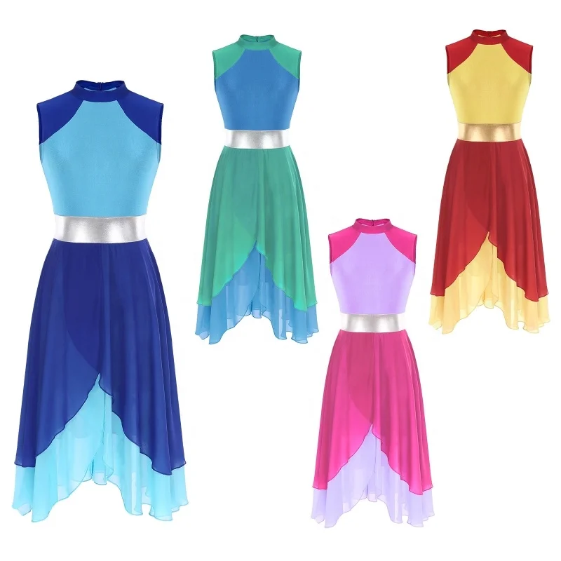 

New Arrived Womens Color Block Mock Neck Split Asymmetrical Hem Dancewear Dresses Sleeveless Dance Dress