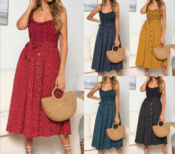 

New Hot Women Summer Sleeveless Polka Dot Beach Dress Ladies Stretch Holiday Sundress Maxi Dress Female Dress