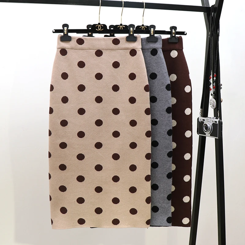 

Polka-dot knit skirt autumn and winter female Korean version of the high waist bag hip long section split step skirt thick skirt, Green