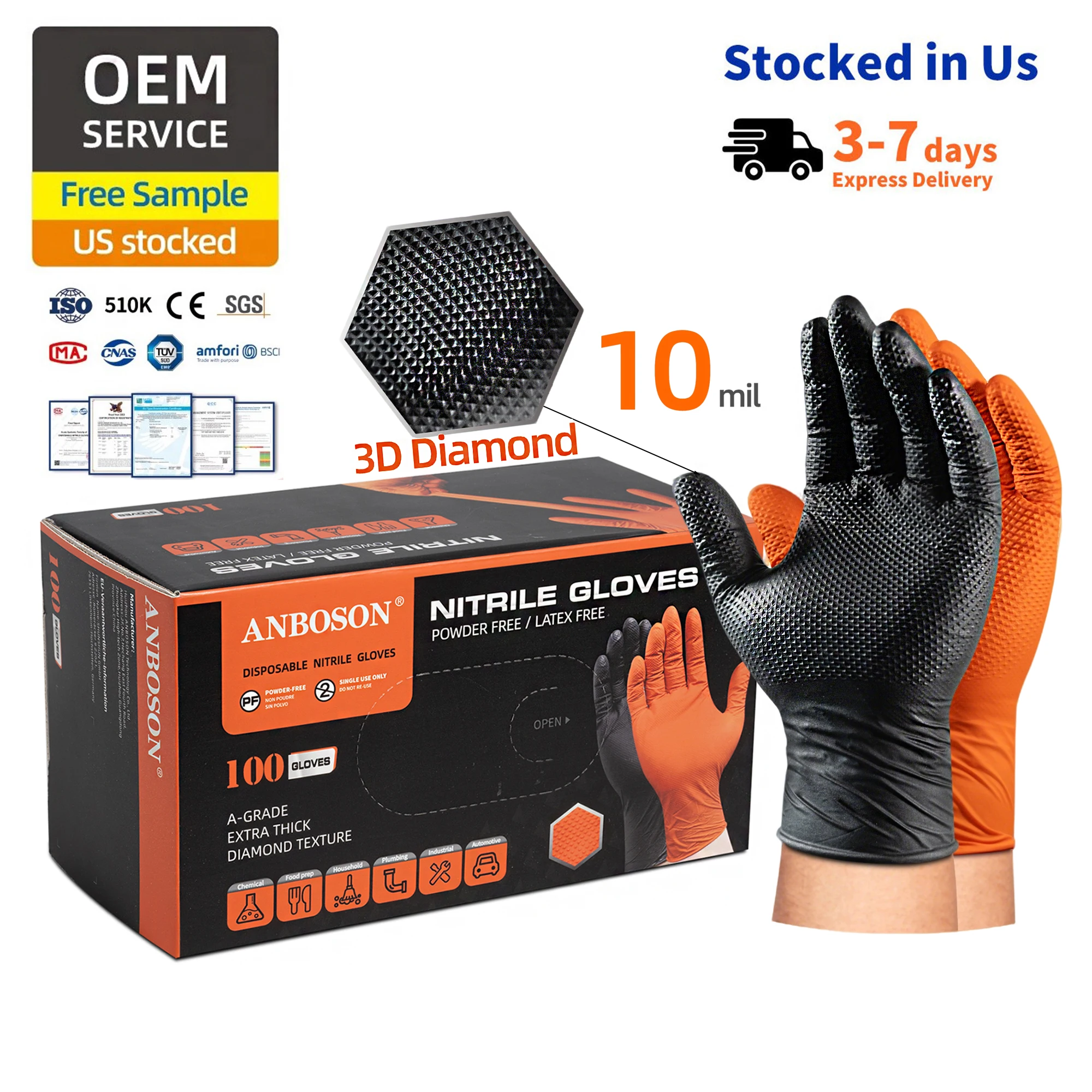 Custom Heavy-Duty 8mil 10mil Black Diamond Texture Nitrile Gloves Medium Thickness Fall Resistant for Garden Work Landscaping