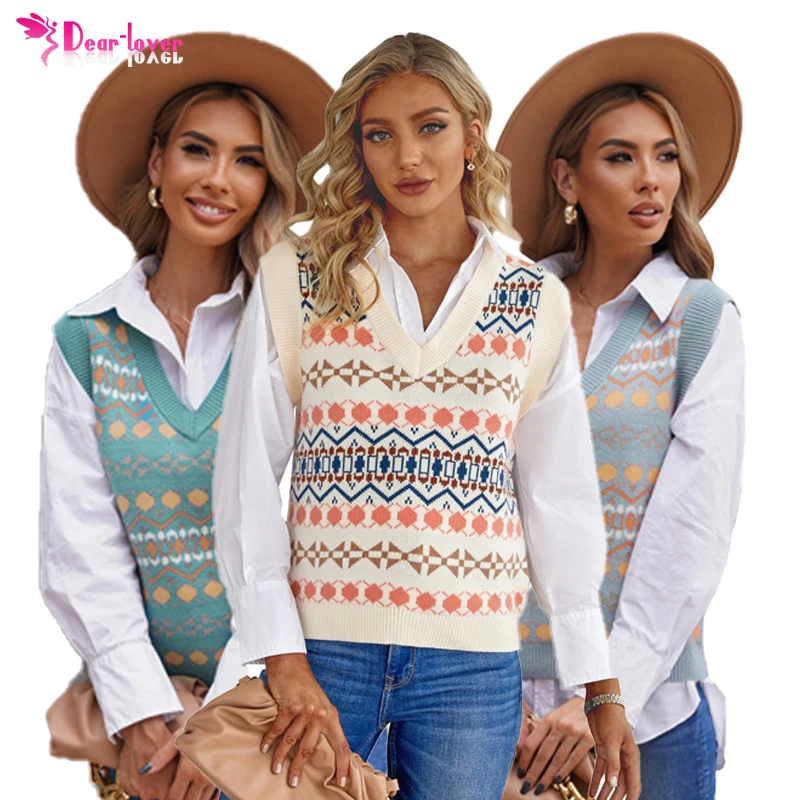 

2021 New Design Oversized Sleeveless Tops Tribal Print V Neck Knitted Women Sweater Vest