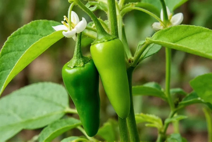 Bird chili pepper plant showing small white flowers and developing green peppers on bushy plant