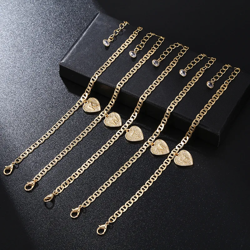 

New Arrival Alphabet Letter Heart Cuban Link Ankle Bracelet Gold Initial Anklet Figaro Chain Anklets for Girls Barefoot Jewelry, As the picturs
