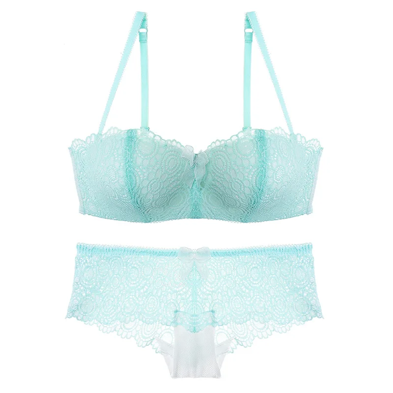 

European new sexy lace underwear set without steel ring, small chest gathered half cup bra, Black white red pink