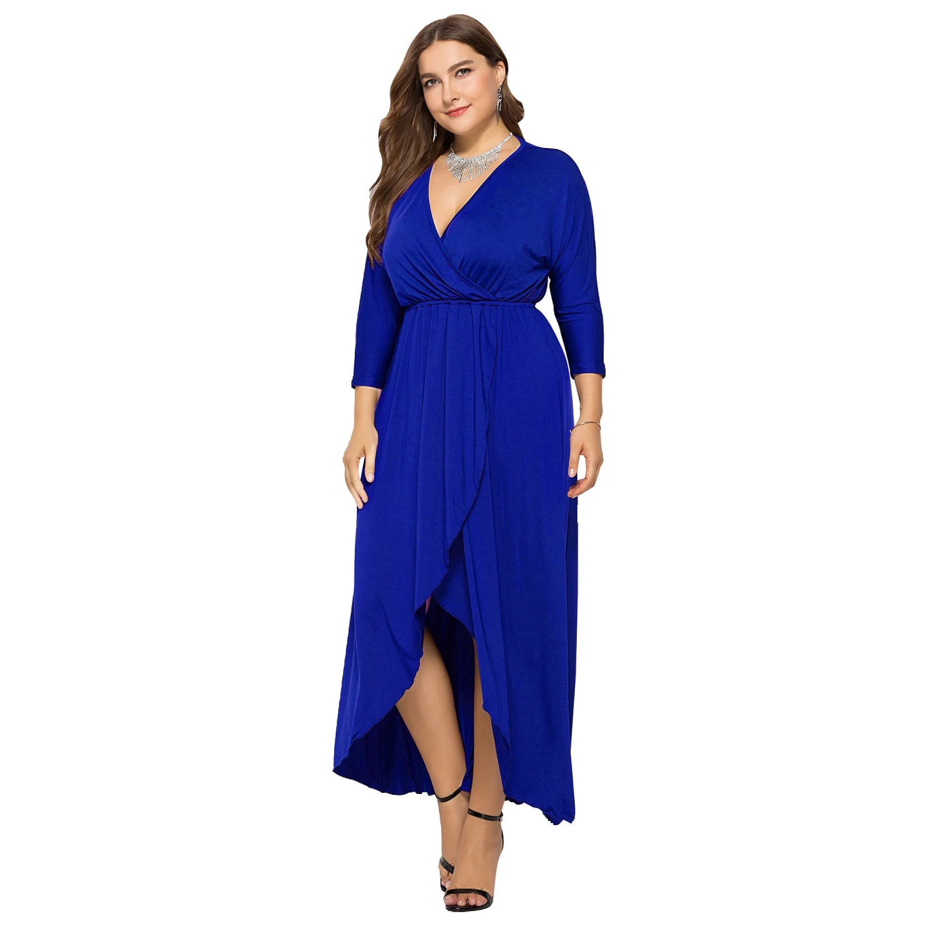 

Vacation home wear large size women's clothing fashion sexy V-neck bat sleeve big swing hip pure color dress